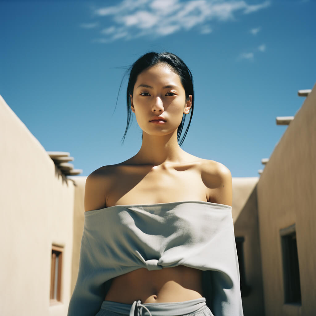 Serene-East-Asian-Woman-with-Pastel-Blue-Top-Against-Adobe-Architecture-and-Blue-Sky